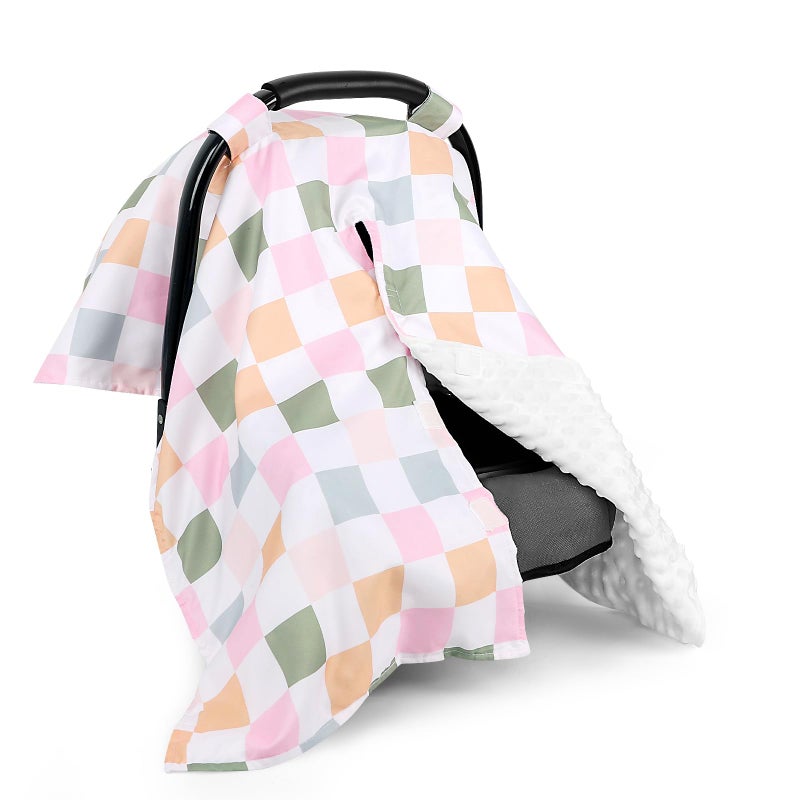 DILIMI Baby Car Seat Cover, Minky Warm Car Seat Covers for Babies, Peekaboo Opening Infant Car Seat Cover, Nursing Cover Carseat Canopy, Colorful Checkered - Image 1